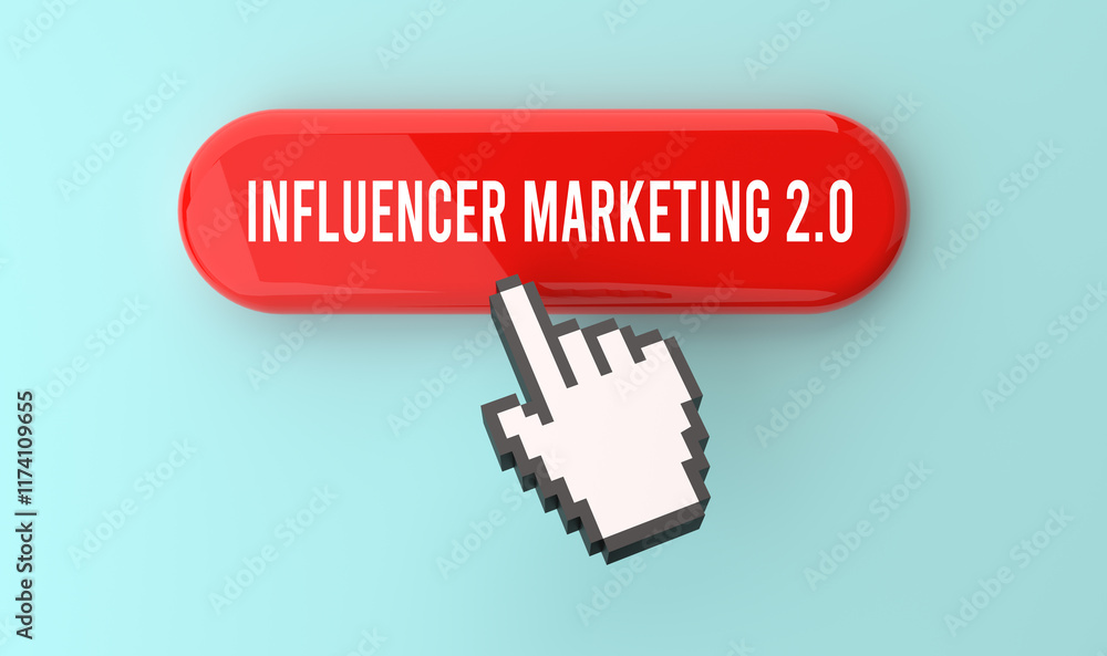 Influencer Marketing 2.0 text on web button, pixel clickable interface, web banner, digital influencers, brand partnerships, social media strategies, online marketing, 3D render.
Influencer Marketing 2.0 text on web button, pixel clickable interface, web banner, digital influencers, brand partnerships, social media strategies, online marketing, 3D render.