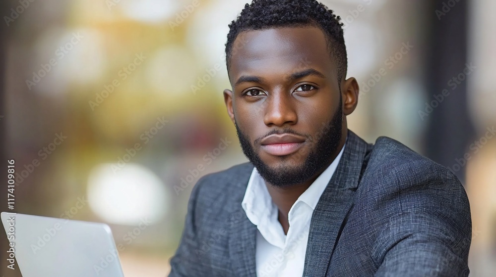 Confident young African American businessman sitting outdoors with laptop. Confident young African American businessman sitting outdoors with laptop.