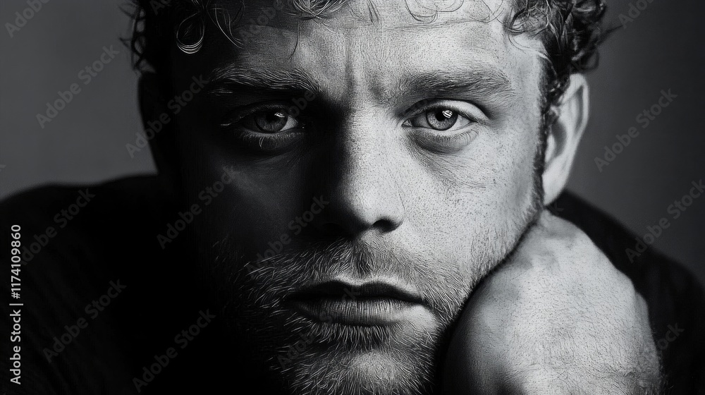 Fototapeta premium Man rests fist on his cheek thinking