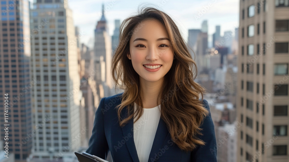 Chinese business woman in suit smiling holding tablet at city with skyscrapers Chinese business woman in suit smiling holding tablet at city with skyscrapers