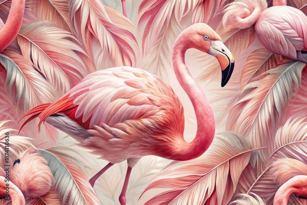Fototapeta premium Delicate pastel pink flamingo, feathered background, perfect phone wallpaper. Pretty bird art.