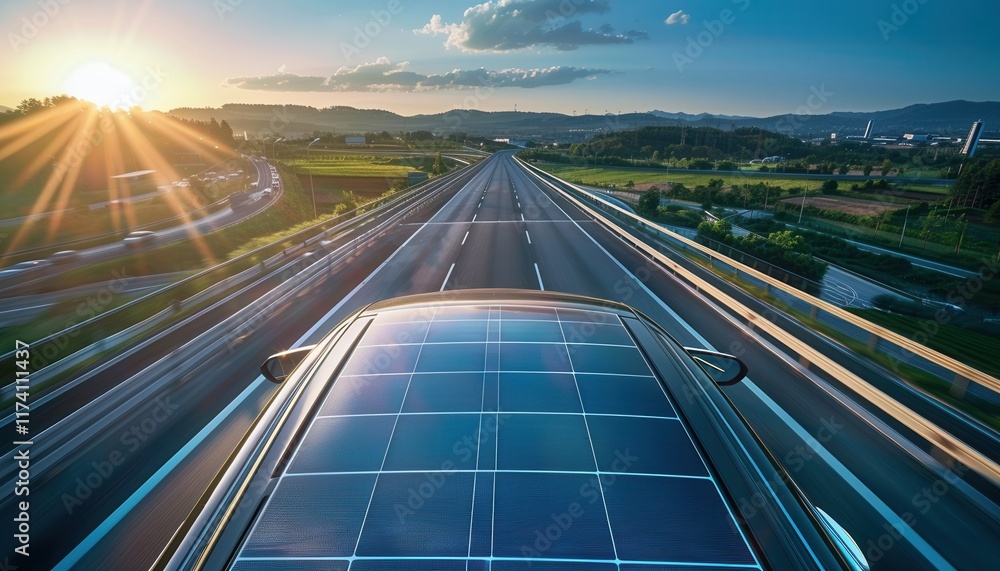 A solar-powered car speeds down a highway at sunset, showcasing sustainable transportation against a backdrop of lush greenery and a setting sun. A solar-powered car speeds down a highway at sunset, showcasing sustainable transportation against a backdrop of lush greenery and a setting sun.