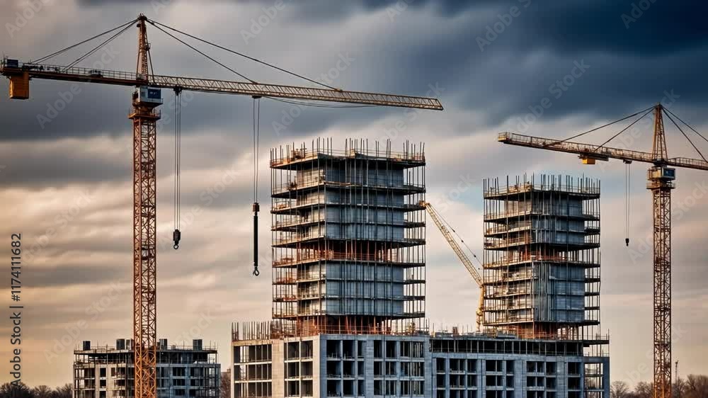 Construction site featuring cranes and partially built skyscrapers under a dramatic sky with visible construction activity Construction site featuring cranes and partially built skyscrapers under a dramatic sky with visible construction activity