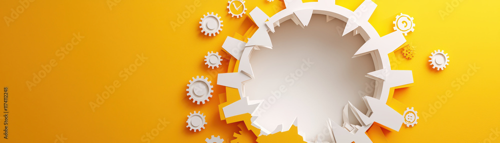 Creative paper art design featuring gear on bright yellow background Creative paper art design featuring gear on bright yellow background