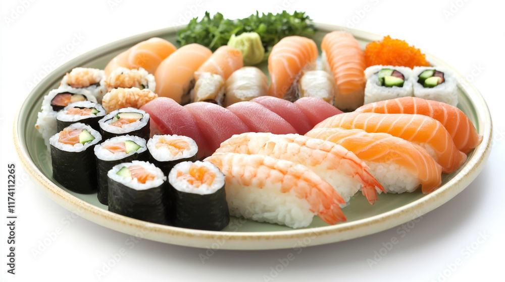 Delicious Plate of Sushi Rolls, Sashimi, and Marinated Salmon Delicious Plate of Sushi Rolls, Sashimi, and Marinated Salmon