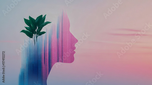 Surreal young female silhouette with nature elements at sunset