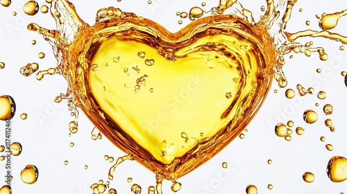 A heart-shaped splash of golden cooking oil with droplets on a clean white background