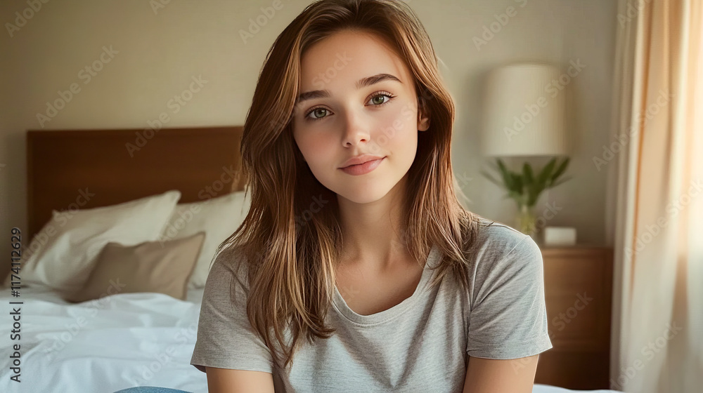 Young caucasian female with brown hair smiling in bedroom setting Young caucasian female with brown hair smiling in bedroom setting