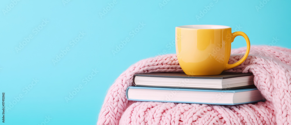 Cozy yellow mug on stacked books with soft pink blanket Cozy yellow mug on stacked books with soft pink blanket