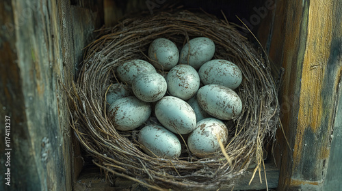 Rustic bird's nest with speckled eggs in wooden shelter photo