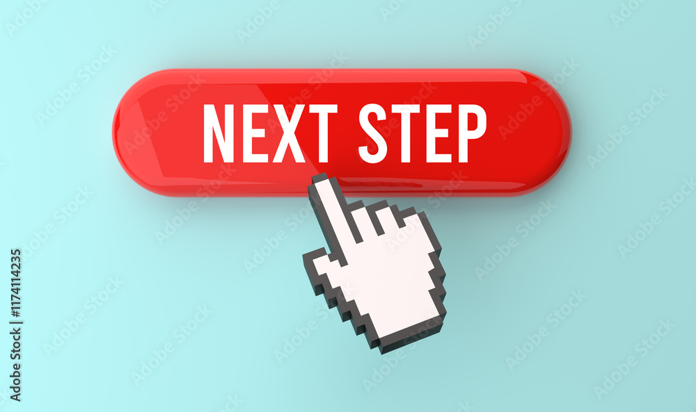 Next step text on web button, pixel clickable interface, web banner, user navigation, digital interaction, call-to-action, modern design, online experience, 3D render. Next step text on web button, pixel clickable interface, web banner, user navigation, digital interaction, call-to-action, modern design, online experience, 3D render.