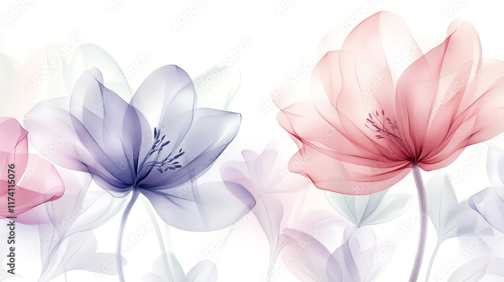 Delicate Transparent Flowers in Soft Pastels on a White Background Delicate Transparent Flowers in Soft Pastels on a White Background