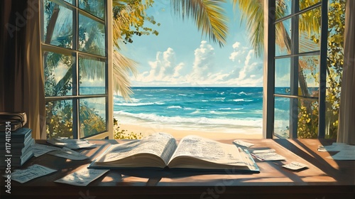 Tropical beach view from open window  book on desk.