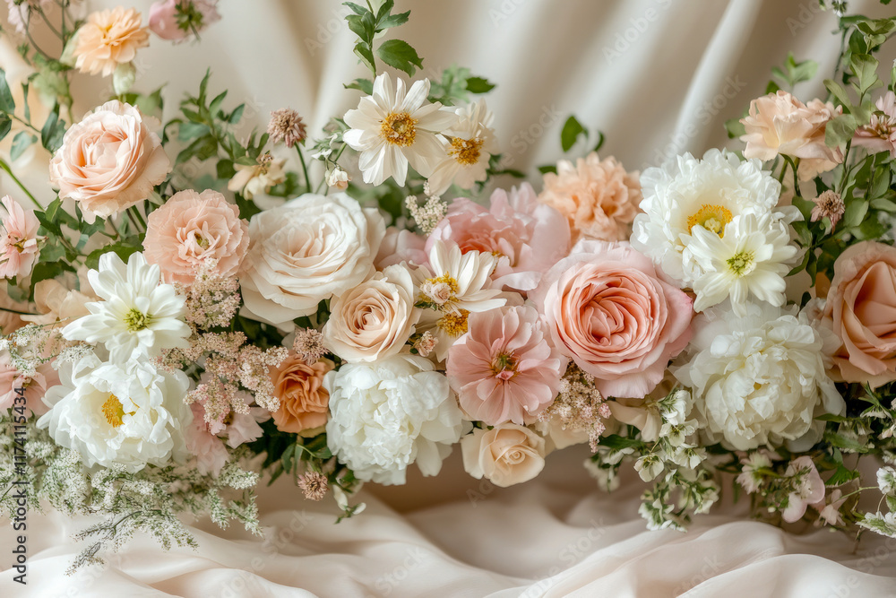 Elegant floral arrangement with soft pink and white roses and peonies on silk fabric Elegant floral arrangement with soft pink and white roses and peonies on silk fabric