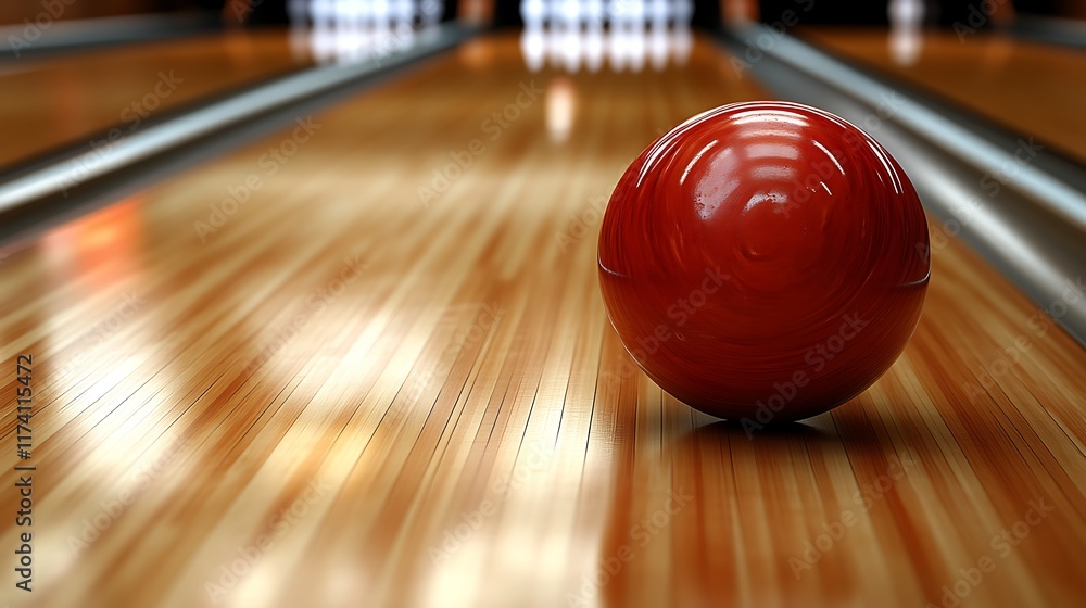 Red Bowling Ball on Wooden Lane Awaiting Throw