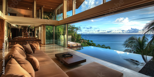 Pool in hotel room or villa with ocean sea view. Spacious lounge with sofa and large window terrace. AI