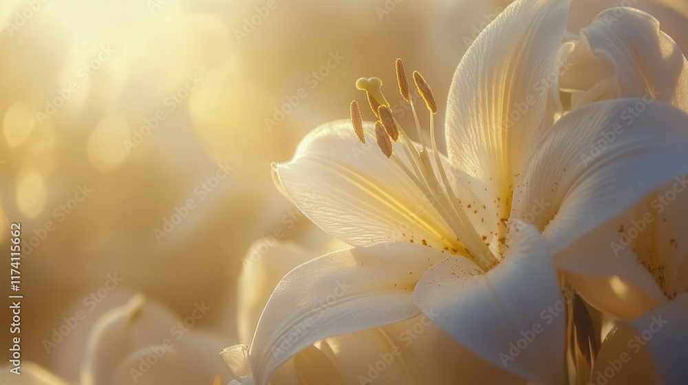 Blooming white lily in soft golden sunrise glow Blooming white lily in soft golden sunrise glow