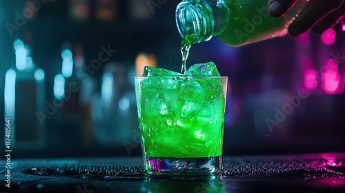 Bartender pours vibrant green Midori Sour cocktail into glass at night photo