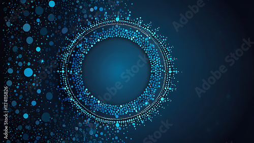 Stock Vector ID: 2287322409

Vector abstract blue background frame of geometric shapes. Circular ornament. Pattern of dots, particles, molecules, fragments. Poster for technology, medicine, presentati photo