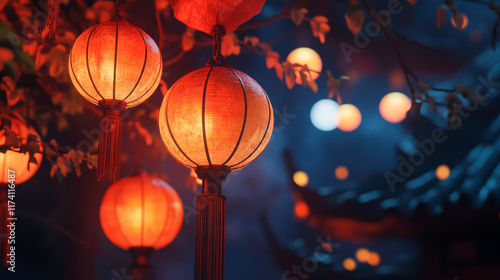 Glowing asian lanterns illuminate night in festive atmosphere