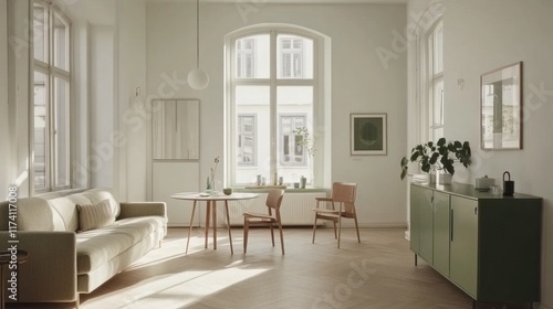 Bright minimalist living room with sofa  table  chairs  and sideboard.