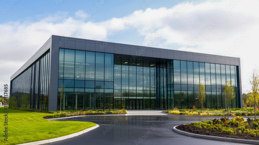 Modern glass office building with reflective exterior and greenery