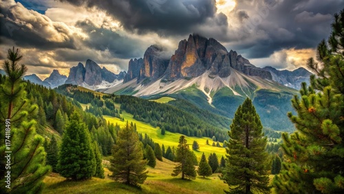 Dramatic Dolomites Puez-Odle landscape: cloudy skies, towering pines, Val Gardena's majestic peaks. photo