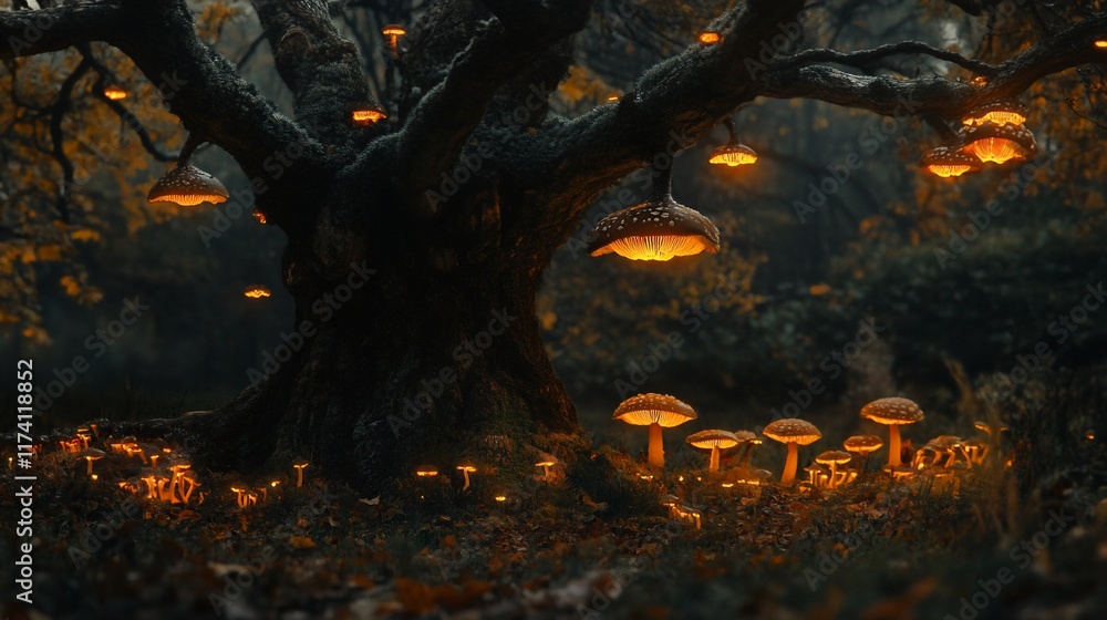 Glowing mushrooms illuminate an ancient tree in a mystical forest at night. Glowing mushrooms illuminate an ancient tree in a mystical forest at night.