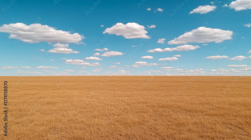 Vast golden wheat field under a clear blue sky with puffy white clouds Vast golden wheat field under a clear blue sky with puffy white clouds