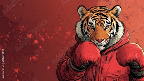 Powerful and fierce tiger wearing a red hooded jacket standing in a frosty outdoor winter landscape ready for an expedition or adventure into the wild and dangerous wildlife photo