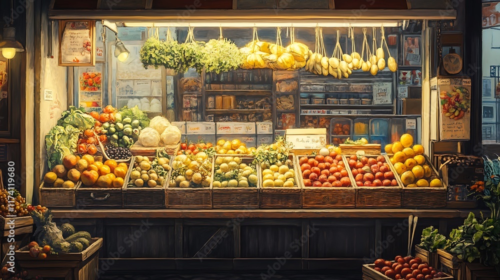 A vibrant market display filled with fresh fruits and vegetables inviting shoppers. A vibrant market display filled with fresh fruits and vegetables inviting shoppers.
