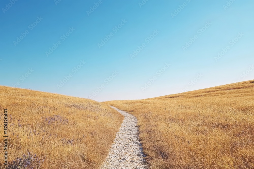 Fototapeta premium Winding path through golden fields under blue sky