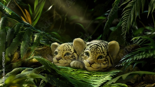 Playful Cubs in a Lush Jungle Habitat