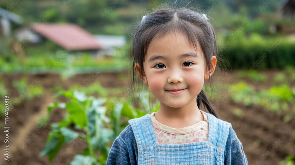 Asian young girl smiling in a garden with greenery in the background Asian young girl smiling in a garden with greenery in the background
