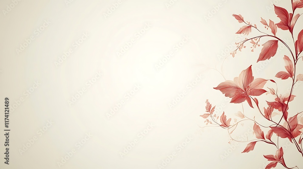 Delicate Red Floral Branch Design on Beige Background Delicate Red Floral Branch Design on Beige Background