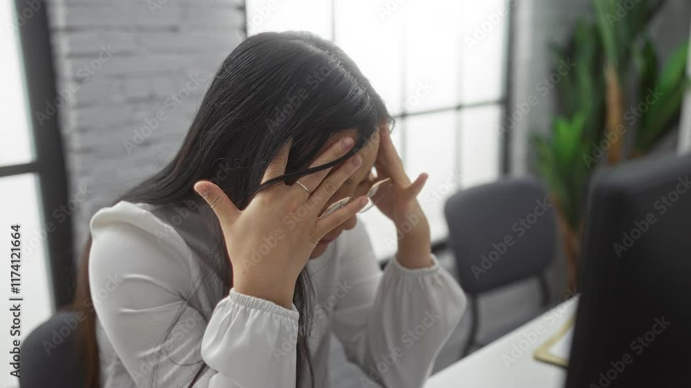 Woman in an office setting looking stressed with hands on face, sitting in front of a computer, representing workplace stress and reflection. Woman in an office setting looking stressed with hands on face, sitting in front of a computer, representing workplace stress and reflection.