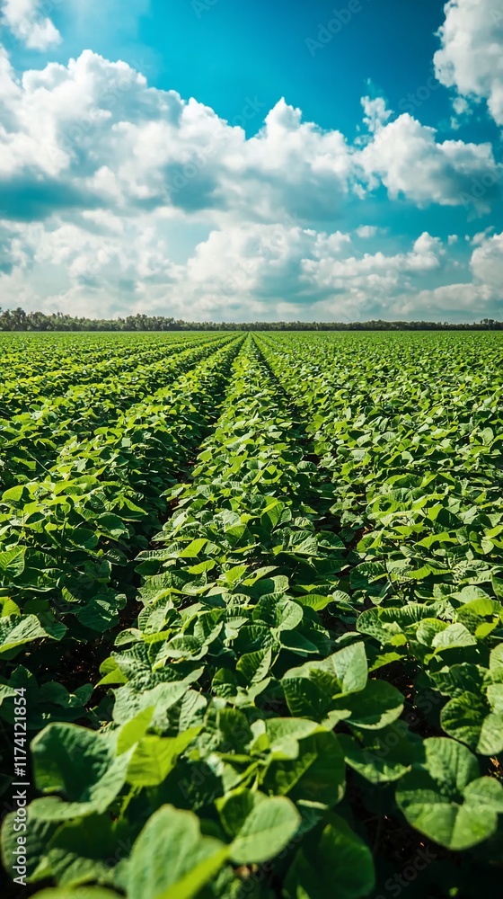Lush green soybean field under a vibrant blue sky with fluffy white clouds. Lush green soybean field under a vibrant blue sky with fluffy white clouds.