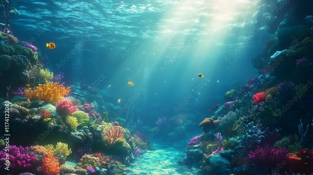 Fototapeta premium A serene underwater scene featuring vibrant coral reefs, colorful fish, and sunlight streaming through the clear turquoise water