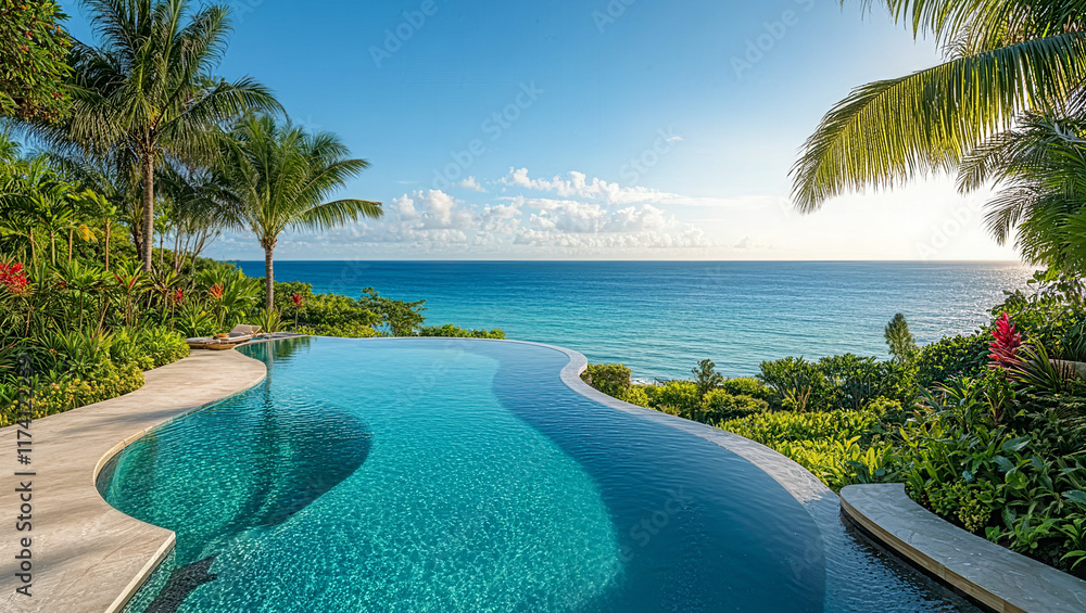 Fototapeta premium Panoramic Tropical Hotel, Tropical Gardens by Infinity Pool and Azure Sea. Holiday Travel Background with Copy space