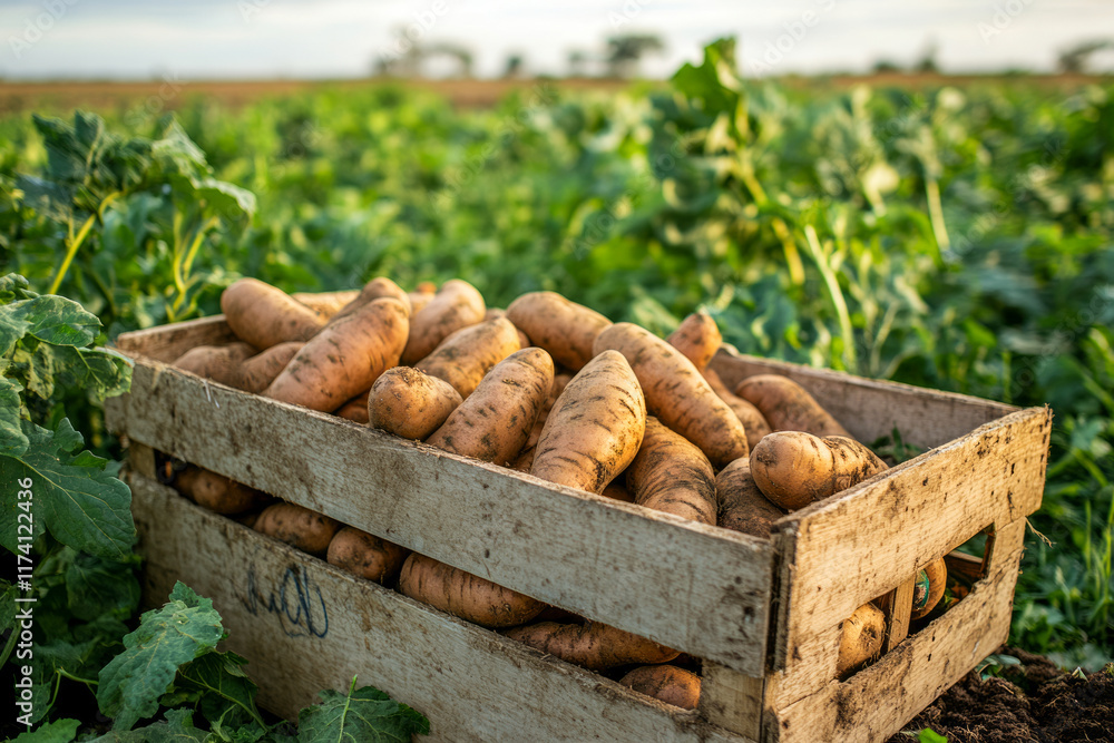 Freshly harvested sweet potatoes in wooden crate on farm field Freshly harvested sweet potatoes in wooden crate on farm field