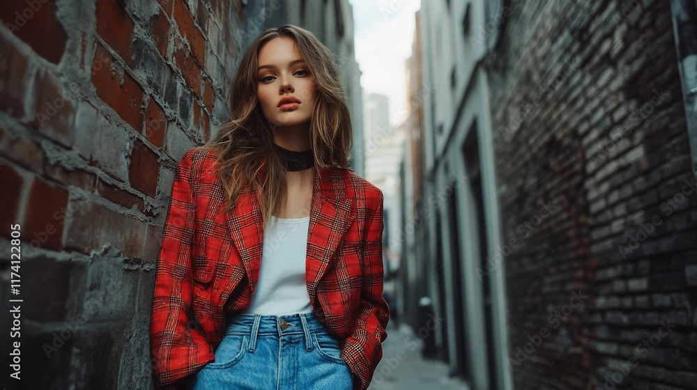 Naklejka premium Woman in red plaid blazer leaning against brick wall in alley.