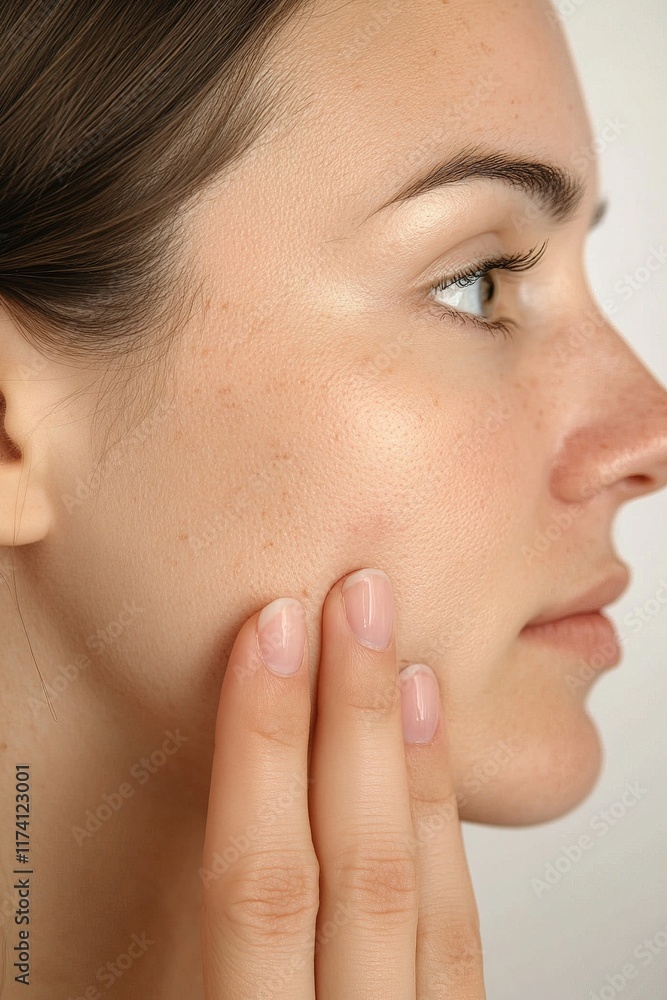 A woman touching a mole on her cheek, showcasing natural skin texture and skincare awareness A woman touching a mole on her cheek, showcasing natural skin texture and skincare awareness