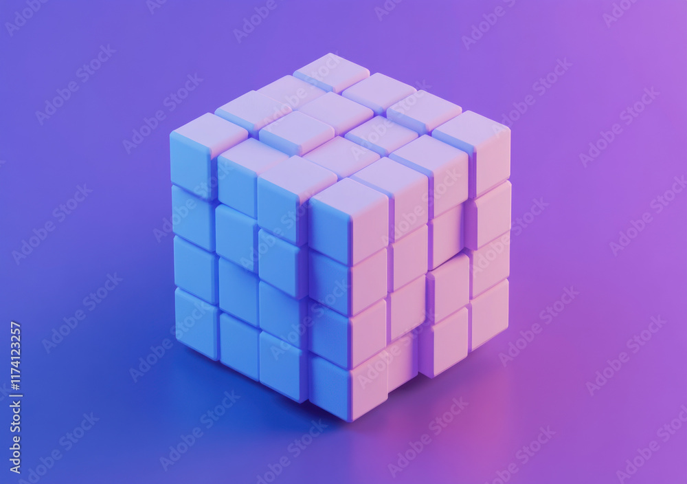 Abstract cube of small blocks with vibrant purple and blue lighting. Abstract cube of small blocks with vibrant purple and blue lighting.