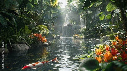 Serene koi pond in lush tropical garden with waterfall.