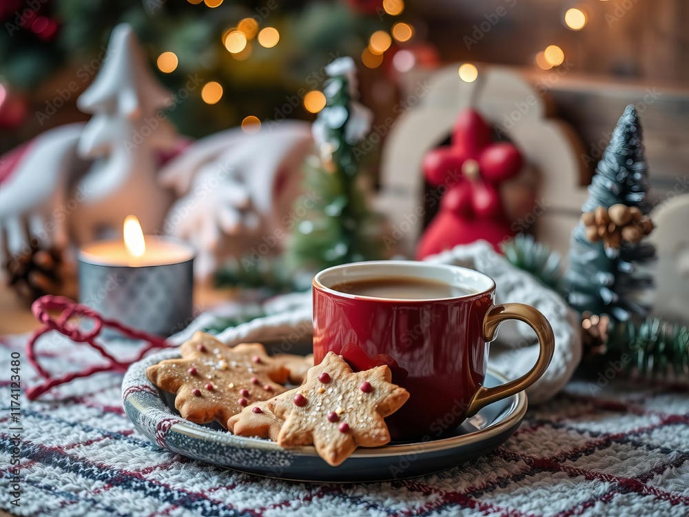 Fototapeta premium A cozy winter scene with a cup of hot cocoa and a festive Christmas cookie on a wooden table, cozy atmosphere, festive decoration, Christmas cookie
