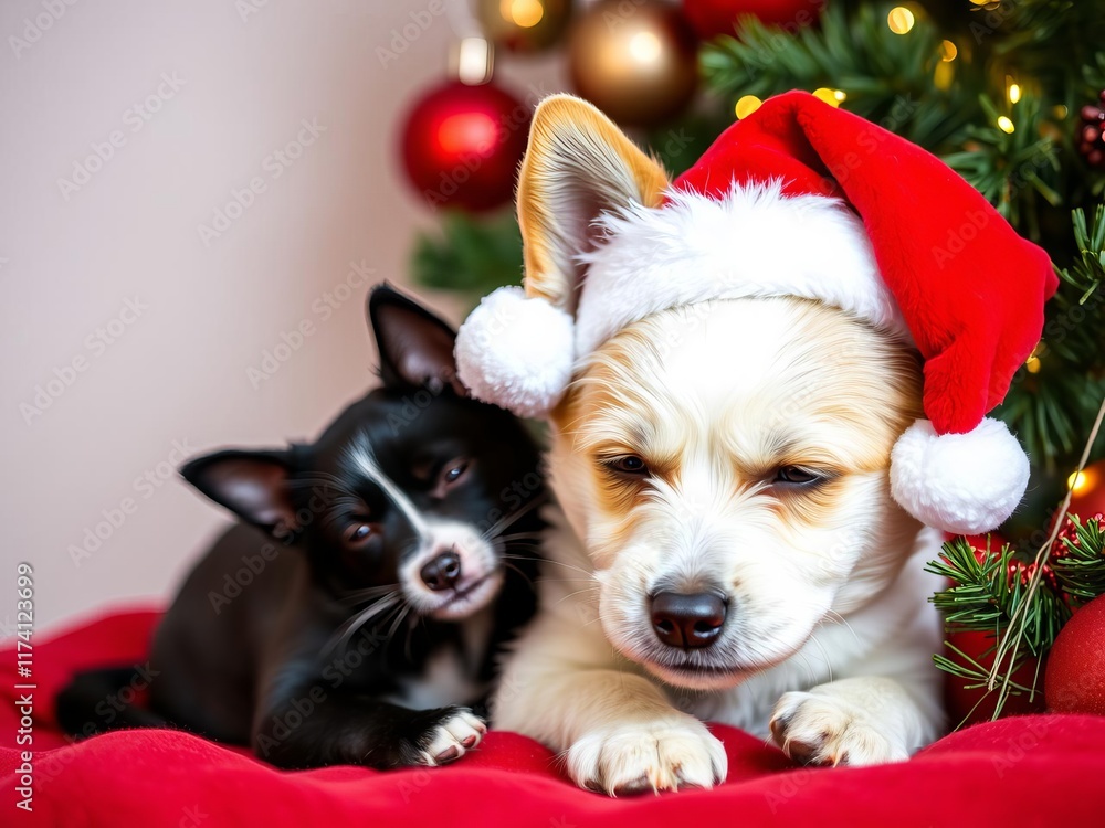 A cute bichon frise puppy and a cat wearing red Santa hats sleep peacefully in front of a decorated Christmas tree, creating a cozy holiday scene, cat, dog, cute A cute bichon frise puppy and a cat wearing red Santa hats sleep peacefully in front of a decorated Christmas tree, creating a cozy holiday scene, cat, dog, cute