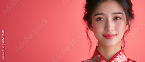Asian woman in red traditional dress against red background  with copy space for text