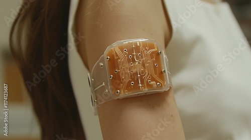 Woman wearing transparent tech bracelet.