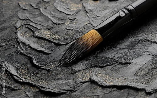 Close-up of a paintbrush on textured black paint with gold flecks.