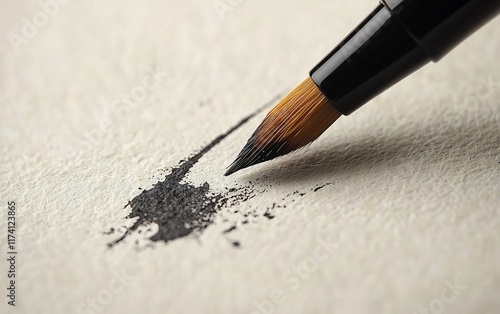 Close-up of brush applying black ink to textured paper.